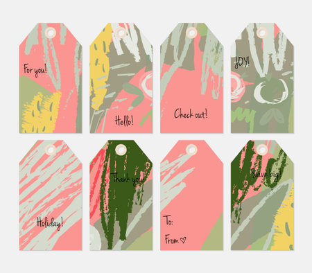 Hand drawn creative tags. Universal shopping, sales, advertising, price tags and product label templates isolated. Abstract artistic doodles. Roughly drawn bright trendy textures. Vector isolatedのイラスト素材