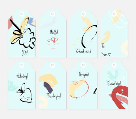 Hand drawn creative tags. Universal shopping, sales, advertising, price tags and product label templates isolated. Abstract artistic doodles. Roughly drawn bright trendy textures. Vector isolatedのイラスト素材
