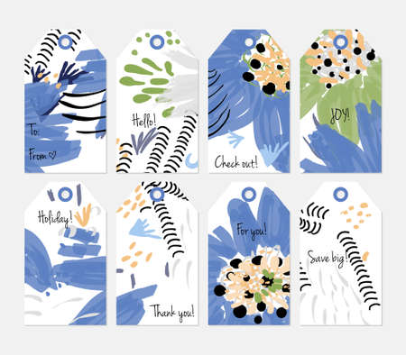 Hand drawn creative tags. Universal shopping, sales, advertising, price tags and product label templates isolated. Abstract artistic doodles. Roughly drawn bright trendy textures. Vector isolatedのイラスト素材