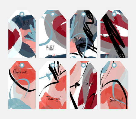 Hand drawn creative tags. Universal shopping, sales, advertising, price tags and product label templates isolated. Abstract artistic doodles. Roughly drawn bright trendy textures. Vector isolatedのイラスト素材