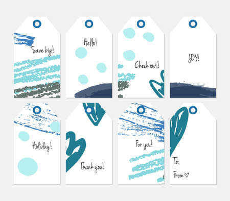 Hand drawn creative tags. Universal shopping, sales, advertising, price tags and product label templates isolated. Abstract artistic doodles. Roughly drawn bright trendy textures. Vector isolatedのイラスト素材