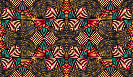 Seamless striped vector pattern. Colored decorative repainting background with tribal and ethnic motifs. Abstract geometric roughly hatched shapes. Circular design.のイラスト素材