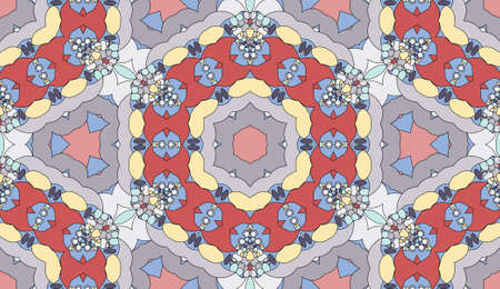 Seamless circular vector pattern. Colored decorative repainting background with tribal and ethnic motifs. Abstract floral geometric lace. Symmetrical flower ornament.のイラスト素材