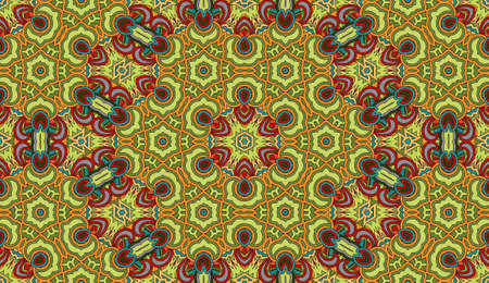 Seamless circular vector pattern. Colored decorative repainting background with tribal and ethnic motifs. Abstract floral geometric lace. Symmetrical flower ornament.のイラスト素材