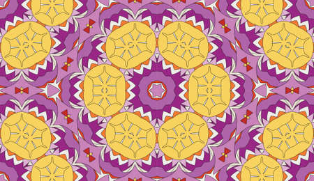 Seamless circular vector pattern. Colored decorative repainting background with tribal and ethnic motifs. Abstract floral geometric lace. Symmetrical flower ornament.のイラスト素材