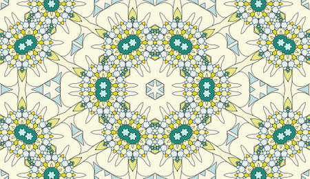 Seamless circular vector pattern. Colored decorative repainting background with tribal and ethnic motifs. Abstract floral geometric lace. Symmetrical flower ornament.のイラスト素材