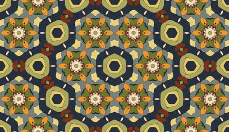 Seamless circular vector pattern. Colored decorative repainting background with tribal and ethnic motifs. Abstract floral geometric lace. Symmetrical flower ornament.のイラスト素材