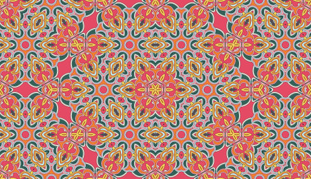 Seamless circular vector pattern. Colored decorative repainting background with tribal and ethnic motifs. Abstract floral geometric lace. Symmetrical flower ornament.のイラスト素材