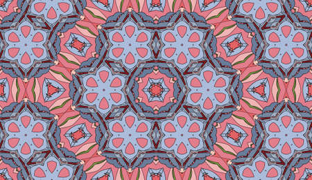 Seamless circular vector pattern. Colored decorative repainting background with tribal and ethnic motifs. Abstract floral geometric lace. Symmetrical flower ornament.のイラスト素材