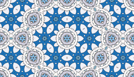 Seamless circular vector pattern. Colored decorative repainting background with tribal and ethnic motifs. Abstract floral geometric lace. Symmetrical flower ornament.のイラスト素材