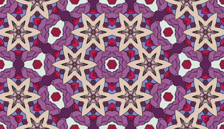 Seamless circular vector pattern. Colored decorative repainting background with tribal and ethnic motifs. Abstract floral geometric lace. Symmetrical flower ornament.のイラスト素材