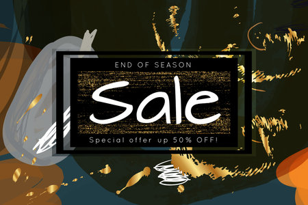 Gold shiny glitter sale advertisement banner on hand drawn background. Sale trendy poster with gold...
