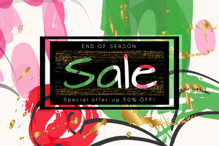 Gold shiny glitter sale advertisement banner on hand drawn background. Sale trendy poster with gold...