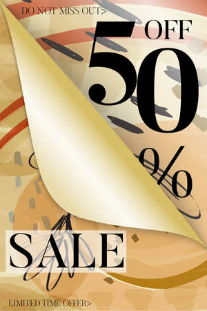 Vertical sale advertisement banner on hand drawn background with curled peel out corner. Sale trendy poster with gold splashes and black frame. Rough colorful doodle fun special offer banner template.のイラスト素材