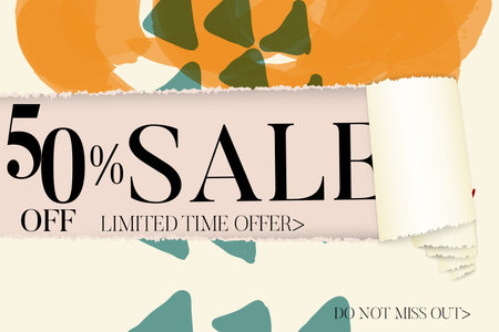 Sale advertisement banner on hand drawn background with torn paper and shiny curl. Sale trendy...