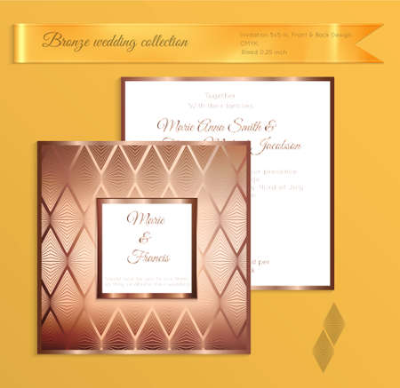 Luxury bronze shiny wedding invitation template. Back and front square card layout with rich gold bronze pattern. Isolated. Design for bridal shower, save the date, banner.のイラスト素材