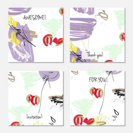 Hand drawn creative universal invitation greeting card template. Abstract scribbles doodles bright colors.Birthday, wedding, party, social media banners templates. Isolated vector card templates.のイラスト素材