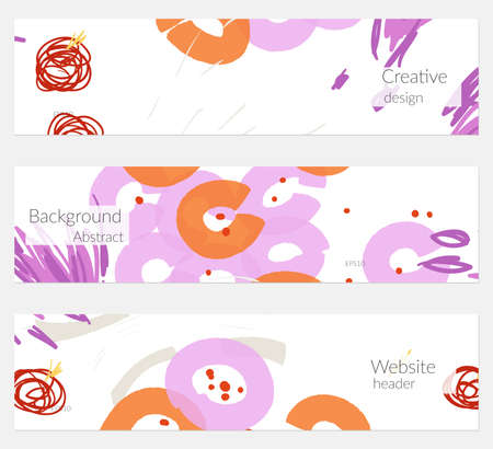 Hand drawn creative universal banner set. Abstract scribbles doodles bright colors. Website header social media advertisement sale brochure templates. Isolated vector banner templates.のイラスト素材