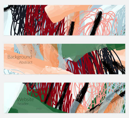 Hand drawn creative universal banner set. Abstract scribbles doodles bright colors. Website header social media advertisement sale brochure templates. Isolated vector banner templates.のイラスト素材