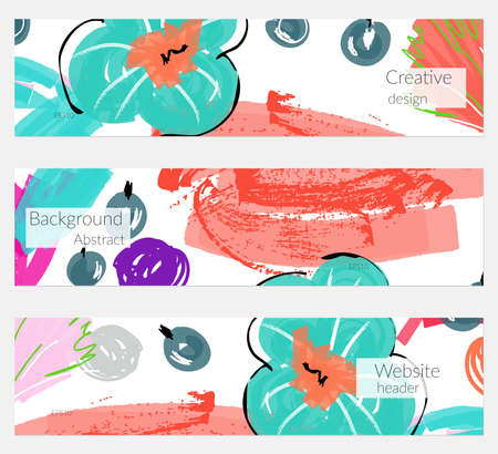 Hand drawn creative universal banner set. Abstract scribbles doodles bright colors. Website header social media advertisement sale brochure templates. Isolated vector banner templates.のイラスト素材