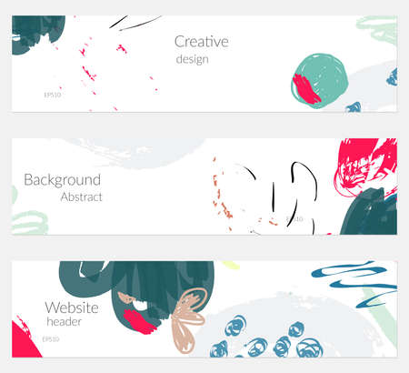 Hand drawn creative universal banner set. Abstract scribbles doodles bright colors. Website header social media advertisement sale brochure templates. Isolated vector banner templates.のイラスト素材