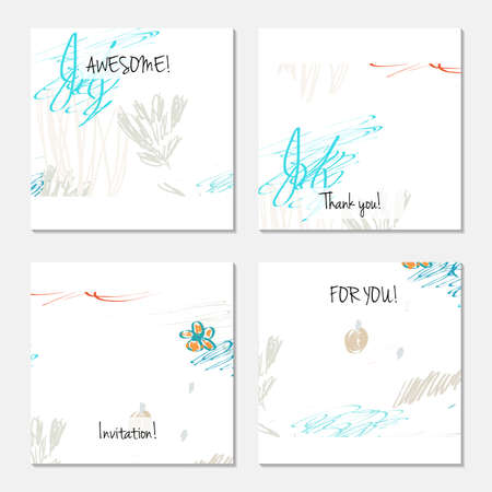 Hand drawn creative universal invitation greeting card template. Abstract scribbles doodles bright colors.Birthday, wedding, party, social media banners templates. Isolated vector card templates.のイラスト素材