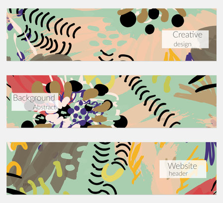 Hand drawn creative universal banner set. Abstract scribbles doodles bright colors. Website header social media advertisement sale brochure templates. Isolated vector banner templates.のイラスト素材