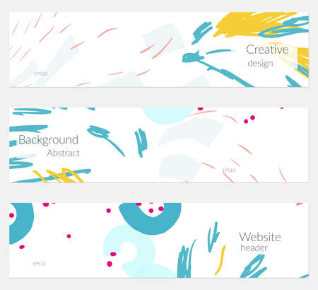 Hand drawn creative universal banner set. Abstract scribbles doodles bright colors. Website header social media advertisement sale brochure templates. Isolated vector banner templates.のイラスト素材