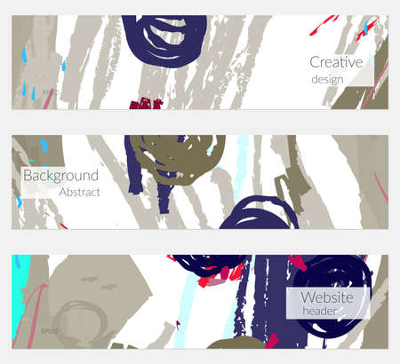 Hand drawn creative universal banner set. Abstract scribbles doodles bright colors. Website header social media advertisement sale brochure templates. Isolated vector banner templates.のイラスト素材