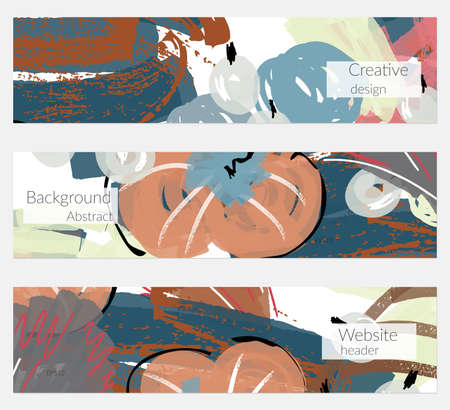 Hand drawn creative universal banner set. Abstract scribbles doodles bright colors. Website header social media advertisement sale brochure templates. Isolated vector banner templates.のイラスト素材