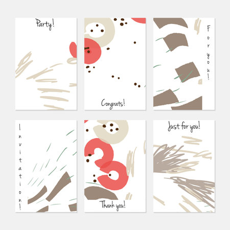 Hand drawn creative universal invitation greeting cards template. Abstract scribbles doodles bright...
