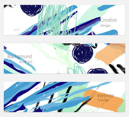 Hand drawn creative universal banner set. Abstract scribbles doodles bright colors. Website header social media advertisement sale brochure templates. Isolated vector banner templates.のイラスト素材