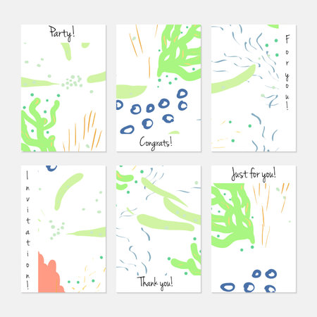 Hand drawn creative universal invitation greeting cards template. Abstract scribbles doodles bright colors. Birthday, wedding, party, social media banners templates. Isolated vector card templates.のイラスト素材
