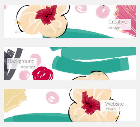 Hand drawn creative universal banner set. Abstract scribbles doodles bright colors. Website header social media advertisement sale brochure templates. Isolated vector banner templates.のイラスト素材