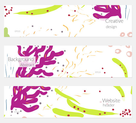 Hand drawn creative universal banner set. Abstract scribbles doodles bright colors. Website header social media advertisement sale brochure templates. Isolated vector banner templates.のイラスト素材