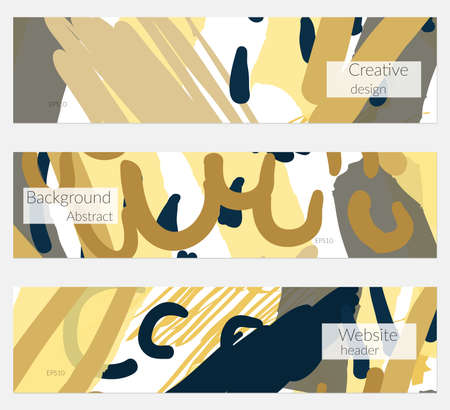 Hand drawn creative universal banner set. Abstract scribbles doodles bright colors. Website header social media advertisement sale brochure templates. Isolated vector banner templates.のイラスト素材