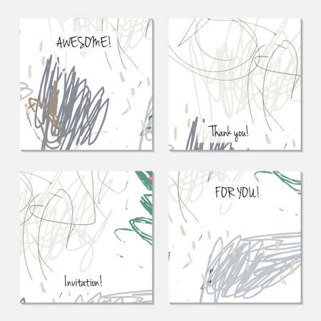 Hand drawn creative universal invitation greeting card template. Abstract scribbles doodles bright colors.Birthday, wedding, party, social media banners templates. Isolated vector card templates.のイラスト素材