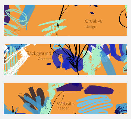 Hand drawn creative universal banner set. Abstract scribbles doodles bright colors. Website header social media advertisement sale brochure templates. Isolated vector banner templates.のイラスト素材