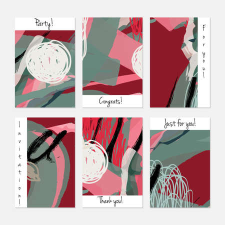 Hand drawn creative universal invitation greeting cards template. Abstract scribbles doodles bright colors. Birthday, wedding, party, social media banners templates. Isolated vector card templates.のイラスト素材
