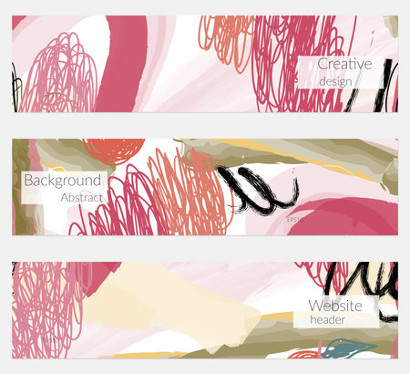 Hand drawn creative universal banner set. Abstract scribbles doodles bright colors. Website header social media advertisement sale brochure templates. Isolated vector banner templates.のイラスト素材