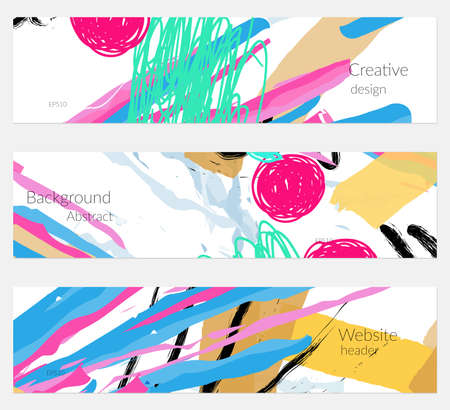 Hand drawn creative universal banner set. Abstract scribbles doodles bright colors. Website header social media advertisement sale brochure templates. Isolated vector banner templates.のイラスト素材