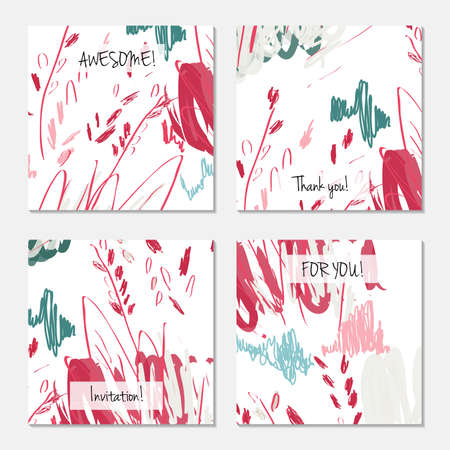 Hand drawn creative universal invitation greeting card template. Abstract scribbles doodles bright colors.Birthday, wedding, party, social media banners templates. Isolated vector card templates.のイラスト素材