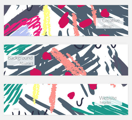 Hand drawn creative universal banner set. Abstract scribbles doodles bright colors. Website header social media advertisement sale brochure templates. Isolated vector banner templates.のイラスト素材