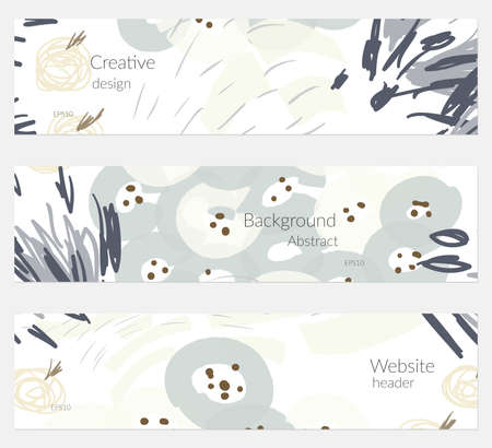 Hand drawn creative universal banner set. Abstract scribbles doodles bright colors. Website header social media advertisement sale brochure templates. Isolated vector banner templates.のイラスト素材