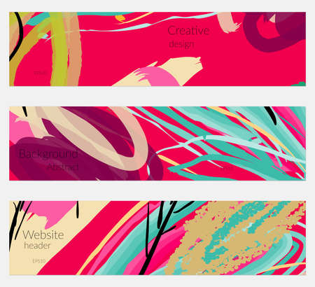 Hand drawn creative universal banner set. Abstract scribbles doodles bright colors. Website header social media advertisement sale brochure templates. Isolated vector banner templates.のイラスト素材