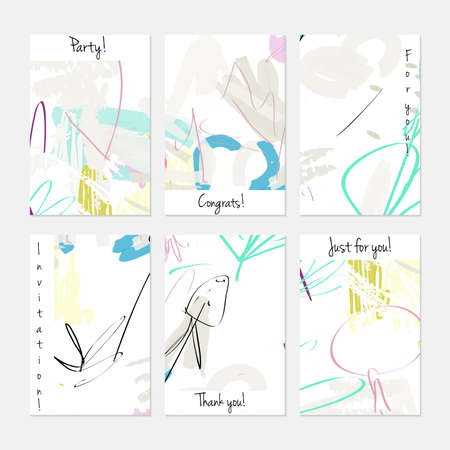 Hand drawn creative universal invitation greeting cards template. Abstract scribbles doodles bright colors. Birthday, wedding, party, social media banners templates. Isolated vector card templates.のイラスト素材