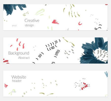 Hand drawn creative universal banner set. Abstract scribbles doodles bright colors. Website header social media advertisement sale brochure templates. Isolated vector banner templates.のイラスト素材