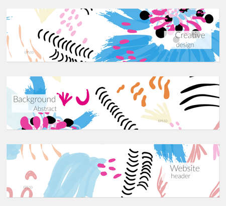 Hand drawn creative universal banner set. Abstract scribbles doodles bright colors. Website header social media advertisement sale brochure templates. Isolated vector banner templates.のイラスト素材