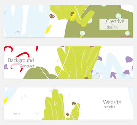Hand drawn creative universal banner set. Abstract scribbles doodles bright colors. Website header social media advertisement sale brochure templates. Isolated vector banner templates.のイラスト素材