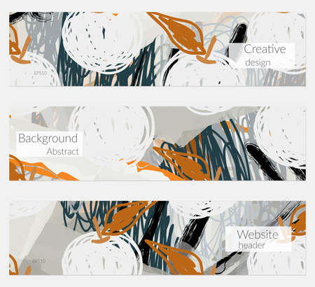 Hand drawn creative universal banner set. Abstract scribbles doodles bright colors. Website header social media advertisement sale brochure templates. Isolated vector banner templates.のイラスト素材